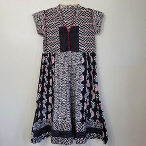 Mixed Print Chevron Paisley Cap Sleeve Fit & Flare Dress Black White Red 38" L